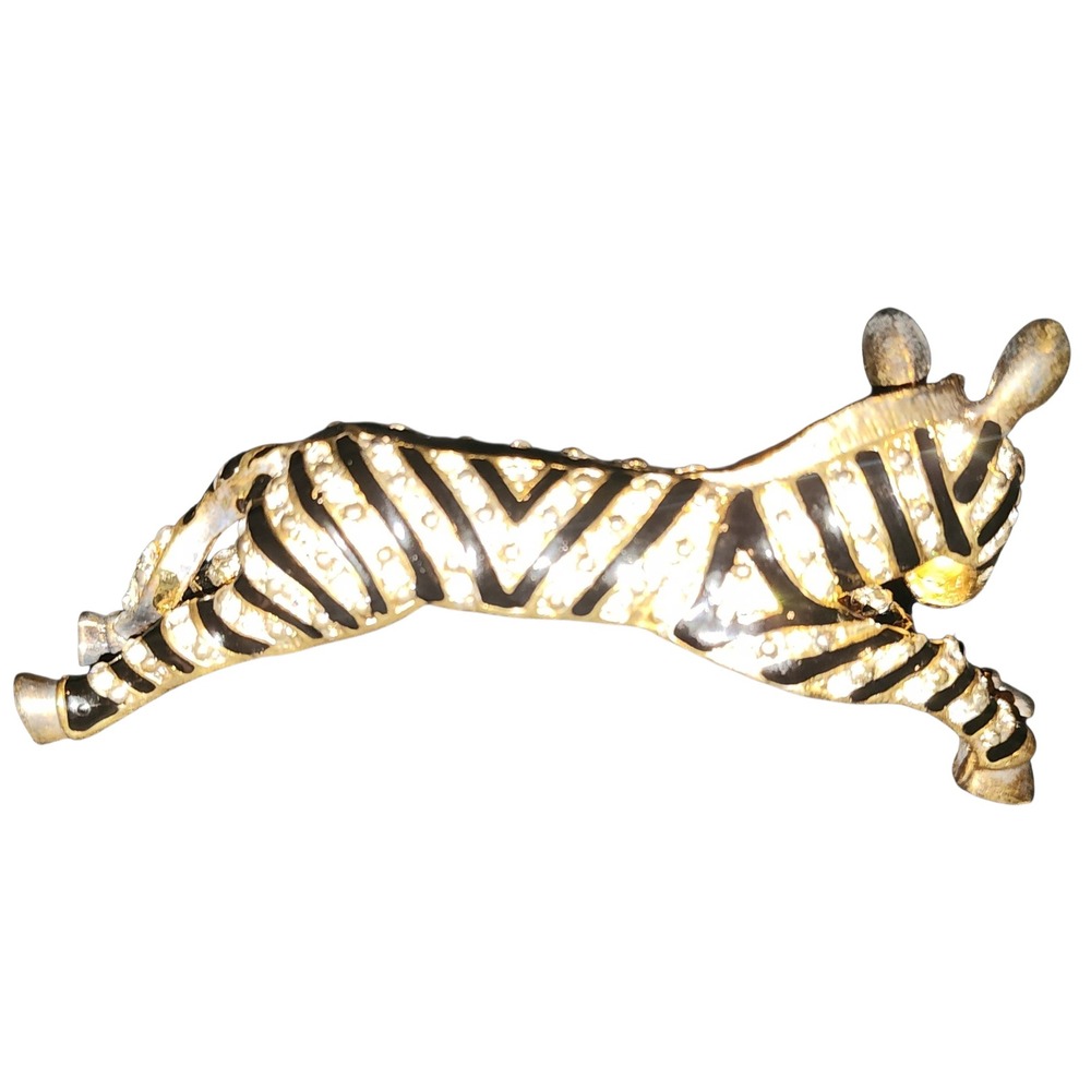 VTG Zebra Brooch Gold Tone Black Enamel Pave Rhinestone Shoulder Pin READ - Picture 2 of 7
